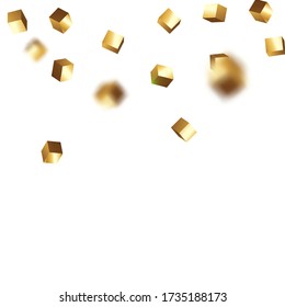 Vector Square Bokeh. Iridescent Background. Chaotic Confetti Backdrop. Foil Border. Geometric Anniversary Card. Birthday Card with Metallic Texture. Gold Confetti. Isolated Golden Cube Particles.