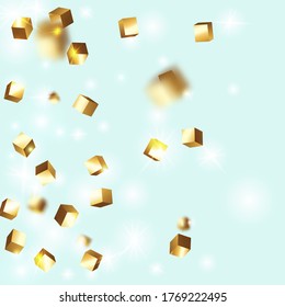 Vector Square Bokeh. Iridescent Background. Geometric Anniversary Card. Chaotic Confetti Backdrop. Foil Border. Gold Confetti. Isolated Golden Cube Particles. Birthday Card with Metallic Texture.