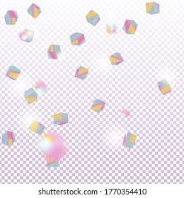 Vector Square Bokeh. Iridescent Background. Chaotic Confetti Backdrop. Foil Border. Birthday Card with Metallic Texture. Holo Confetti. Isolated Holographic Cube Particles. Geometric Anniversary Card.