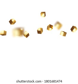 Vector Square Bokeh. Iridescent Background. Gold Confetti. Isolated Golden Cube Particles. Chaotic Confetti Backdrop. Foil Border. Birthday Card with Metallic Texture. Geometric Anniversary Card.