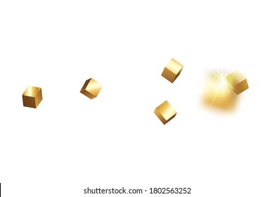 Vector Square Bokeh. Iridescent Background. Geometric Anniversary Card. Gold Confetti. Isolated Golden Cube Particles. Chaotic Confetti Backdrop. Foil Border. Birthday Card with Metallic Texture.