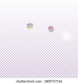 Vector Square Bokeh. Iridescent Background. Holo Confetti. Isolated Holographic Cube Particles. Birthday Card with Metallic Texture. Geometric Anniversary Card. Chaotic Confetti Backdrop. Foil Border.