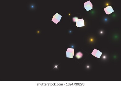 Vector Square Bokeh. Iridescent Background. Holo Confetti. Isolated Holographic Cube Particles. Birthday Card with Metallic Texture. Geometric Anniversary Card. Chaotic Confetti Backdrop. Foil Border.