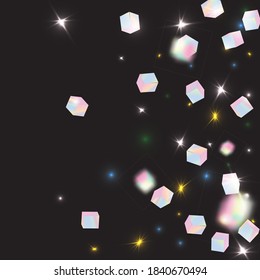 Vector Square Bokeh. Iridescent Background. Holo Confetti. Isolated Holographic Cube Particles. Birthday Card with Metallic Texture. Geometric Anniversary Card. Chaotic Confetti Backdrop. Foil Border.