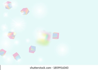Vector Square Bokeh. Iridescent Background. Holo Confetti. Isolated Holographic Cube Particles. Geometric Anniversary Card. Birthday Card with Metallic Texture. Chaotic Confetti Backdrop. Foil Border.