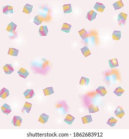 Vector Square Bokeh. Iridescent Background. Holo Confetti. Isolated Holographic Cube Particles. Geometric Anniversary Card. Birthday Card with Metallic Texture. Chaotic Confetti Backdrop. Foil Border.