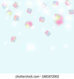 Vector Square Bokeh. Iridescent Background. Holo Confetti. Isolated Holographic Cube Particles. Birthday Card with Metallic Texture. Geometric Anniversary Card. Chaotic Confetti Backdrop. Foil Border.