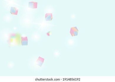 Vector Square Bokeh. Iridescent Background. Geometric Anniversary Card. Holo Confetti. Isolated Holographic Cube Particles. Chaotic Confetti Backdrop. Foil Border. Birthday Card with Metallic Texture.