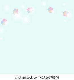 Vector Square Bokeh. Iridescent Background. Chaotic Confetti Backdrop. Foil Border. Geometric Anniversary Card. Birthday Card with Metallic Texture. Holo Confetti. Isolated Holographic Cube Particles.