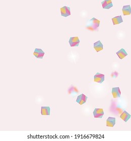 Vector Square Bokeh. Iridescent Background. Chaotic Confetti Backdrop. Foil Border. Geometric Anniversary Card. Birthday Card with Metallic Texture. Holo Confetti. Isolated Holographic Cube Particles.