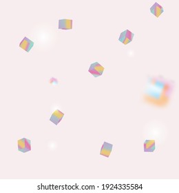 Vector Square Bokeh. Iridescent Background. Holo Confetti. Isolated Holographic Cube Particles. Geometric Anniversary Card. Chaotic Confetti Backdrop. Foil Border. Birthday Card with Metallic Texture.