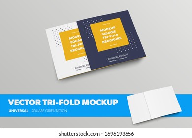 Vector square booklet template, front and back view, closed tri-fold, for design presentation. Mockup blank brochure with realistic shadows isolated on background. Set of business leflets