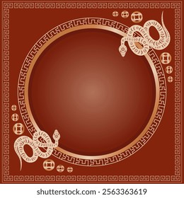 Vector square border festive Chinese New Year. With flowers chine ornament decorative frame. Traditional oriental ornaments with coins and snakes in asian style.