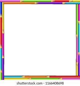 Vector square border frame made of multicolored wooden pencils isolated on white  background. Back to school framework bordering template concept, with copy space for text.