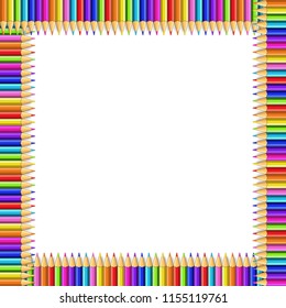Vector square border made of multicolored wooden pencils isolated on white background. Back to school framework bordering template concept or photo frame with empty copy space for text or image.