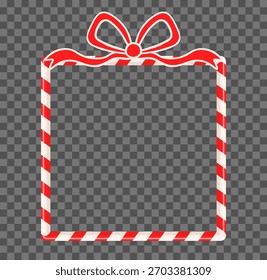 Vector square border, red and white stripes candy cane frame with bow for Christmas invitations and greeting cards