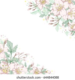 Vector square botanical banner with hand-drawn flowers in pastel light colors on white background. Can be used as background, card, invitation or cover for natural cosmetics health care products