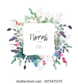 Vector square botanical frame with pale pink roses, green leaves and plants. Romantic floral design on white background.