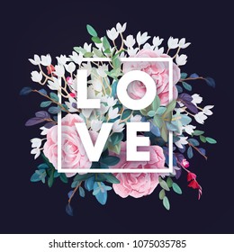 Vector square botanical frame with pale pink roses, green leaves and plants. Romantic floral design on dark background.