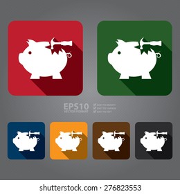 Vector : Square Broken Piggy Bank With Hammer Flat Long Shadow Style Icon, Label, Sticker, Sign or Banner