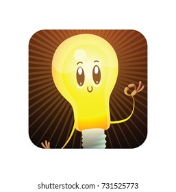Vector square brown frame with cartoon image of a funny yellow light bulb with face standing, showing OK sign and smiling on a white background. Idea, light, business. Positive character.