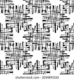 Vector Square Brush Seamless Pattern Plaid Grange Minimalist Check Geometric Design in Black Color. Modern Grung Collage Background for kids fabric and textile