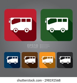 Vector : Square Bus, School Bus, Bus Stop, Bus Station Flat Long Shadow Style Icon, Label, Sticker, Sign or Banner