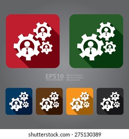 Vector : Square Businessman, User With Gear Flat Long Shadow Style Icon, Label, Sticker, Sign or Banner