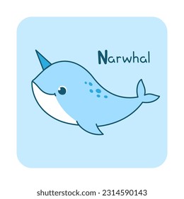 Vector square card from the alphabet with a cute animal for kids learning. The letter N - narwhal. Illustration with caption. Hand-drawn character on a blue background with a white frame
