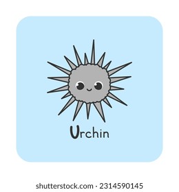 Tarjeta cuadrada vectorial del alfabeto con un animal lindo para los niños aprendiendo. La letra U - urchin. Ilustración con pie de foto. Carácter dibujado a mano sobre un fondo azul con un marco blanco