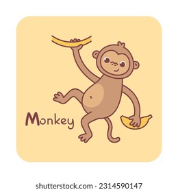 Vector square card from the alphabet with a cute animal for kids learning. The letter M - monkey. Illustration with caption. Hand-drawn character on a yellow background with a white frame