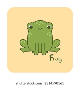 Vector square card from the alphabet with a cute animal for kids learning. The letter F - frog. Illustration with caption. Hand-drawn character on a yellow background with a white frame