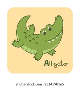Vector square card from the alphabet with a cute animal for kids learning. The letter A - alligator. Illustration with caption. Hand-drawn character on a yellow background with a white frame