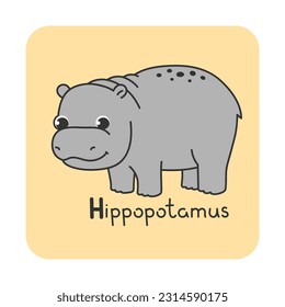 Vector square card from the alphabet with a cute animal for kids learning. The letter H - hippopotamus. Illustration with caption. Hand-drawn character on a yellow background with a white frame