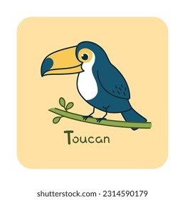 Vector square card from the alphabet with a cute animal for kids learning. The letter T - toucan. Illustration with caption. Hand-drawn character on a yellow background with a white frame