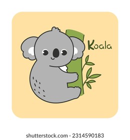 Vector square card from the alphabet with a cute animal for kids learning. The letter K - koala. Illustration with caption. Hand-drawn character on a yellow background with a white frame