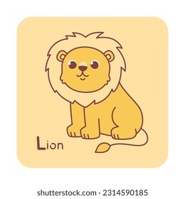 Vector square card from the alphabet with a cute animal for kids learning. The letter L- lion. Illustration with caption. Hand-drawn character on a yellow background with a white frame