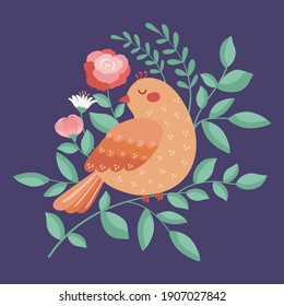 Vector square card. Bird on branch with flowers