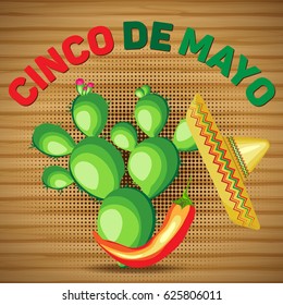 Vector square card for the holiday of Cinco de Mayo. Sombrero and cactus with chili pepper on a wooden background.