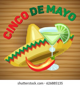 Vector square card for the holiday of Cinco de Mayo. Sombrero and margarita with chili pepper on a wooden background.