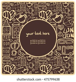 Vector square card on England. handmade Doodles.  London. There is a place for your text. It can be used for packaging, invitations, greeting cards, etc.