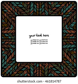 Vector square card with an ornament with a picture of a coil of thread. There is a place for your text. It can be used for packaging, invitations, greeting cards, etc.