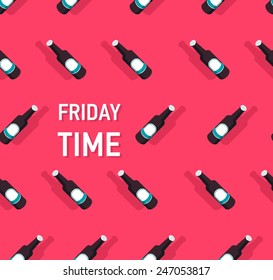 Vector square card with pattern of isometric bottle of beer. Friday time
