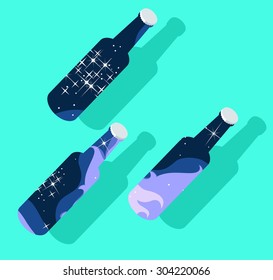 Vector square card with pattern of isometric bottle of cosmic beer.