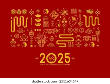 Vektor quadratische Karte Muster auf Rot mit Umrisssymbolen der Schlange Zodiac Zeichen, Symbol von 2025 im chinesischen Mondkalender. Line Art China-Design. Chinesische Schlangendarstellung. China übersetzt: Schlange