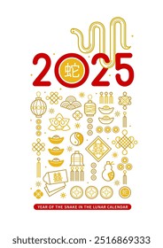 Vector square card pattern with symbols of the Snake Zodiac sign. Symbol of 2025 in the Chinese Lunar calendar. Line art China design. Chinese snake illustration. China translate: Snake