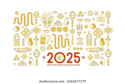 Vector square card pattern with symbols of the Snake Zodiac sign, Symbol of 2025 in the Chinese Lunar calendar. Line art China design. Chinese snake illustration. China translate: Snake