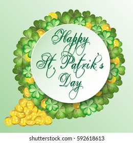 Vector square card for St. Patrick's Day. Wreath quatrefoils clover and gold coins on a green light blue gradient background