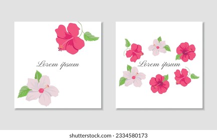 Vector square card template with bright pink hibiscuses