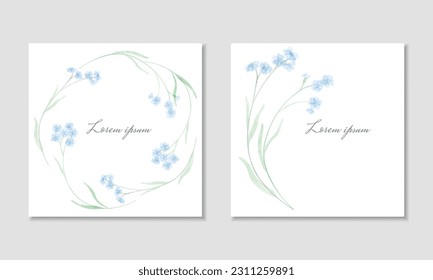 Vector square card template and watercolor forget  me  nots
